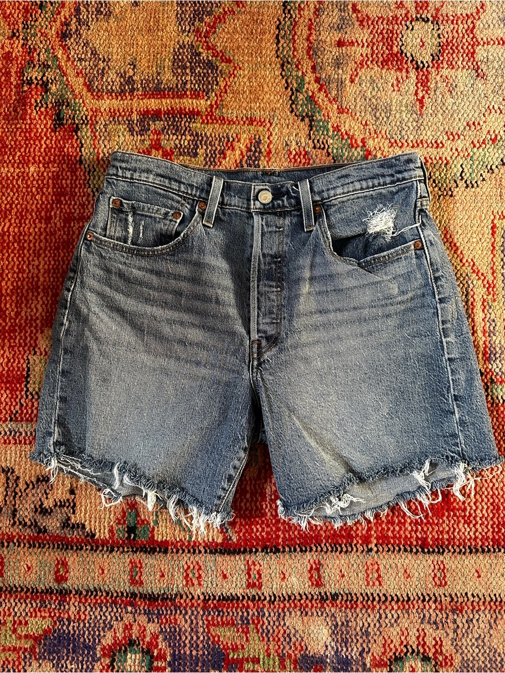 Levi's Faded Blue High-Rise Frayed Hem Jean Shorts
